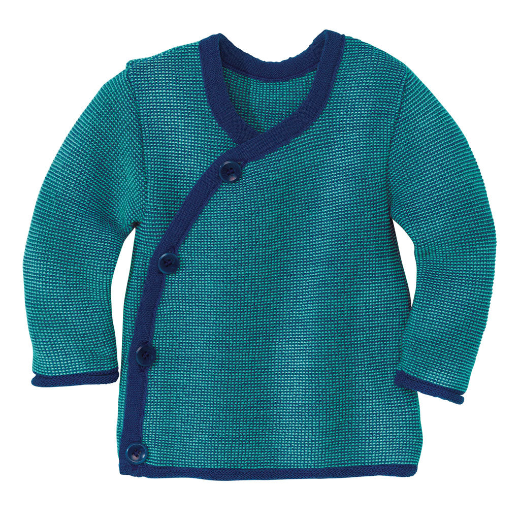 Maglioncino aperto a kimono in lana merino bio 0-3 anni // mélange navy-lagoon